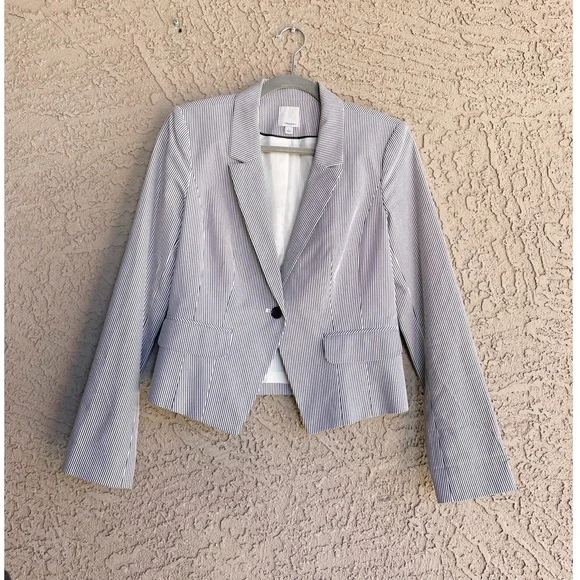 HALOGEN Blue & White Striped Pinstripe Stretch Cotton Suit Jacket Blazer - Picture 3 of 10